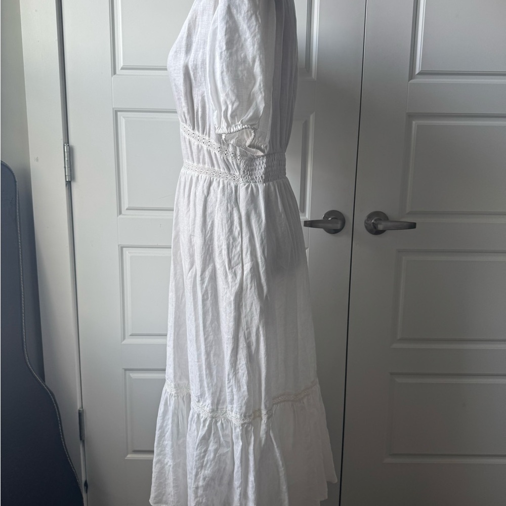 Lucy Paris White Linen Midi Dress with V-Neck - Picture 4 of 7